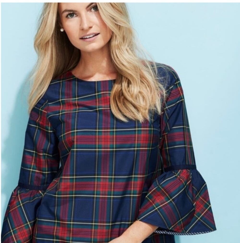 Vineyard‎ Vines Plaid Preppy Blouse Bell Sleeve Coastal Chic Size 12